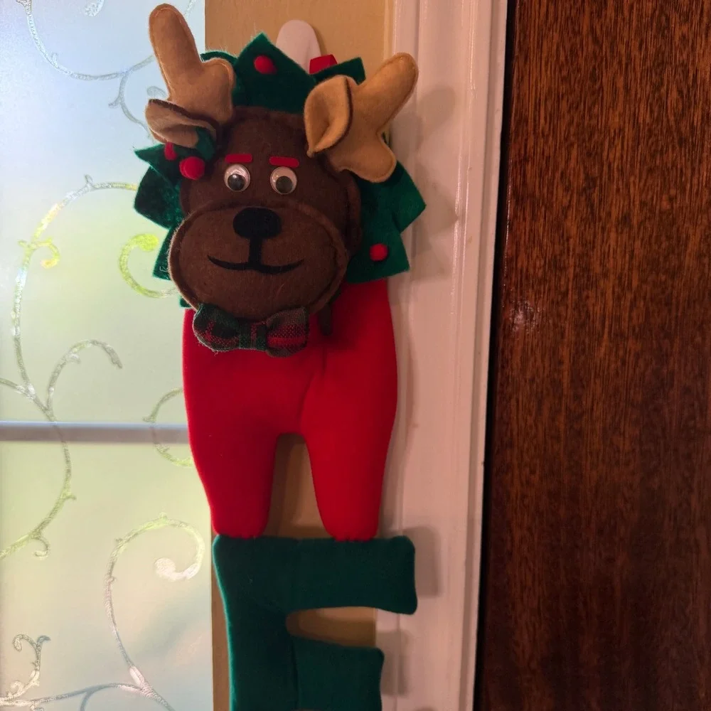 VTG Plush Reindeer Christmas Welcome Hanging Banner door sign felt fabric Xmas